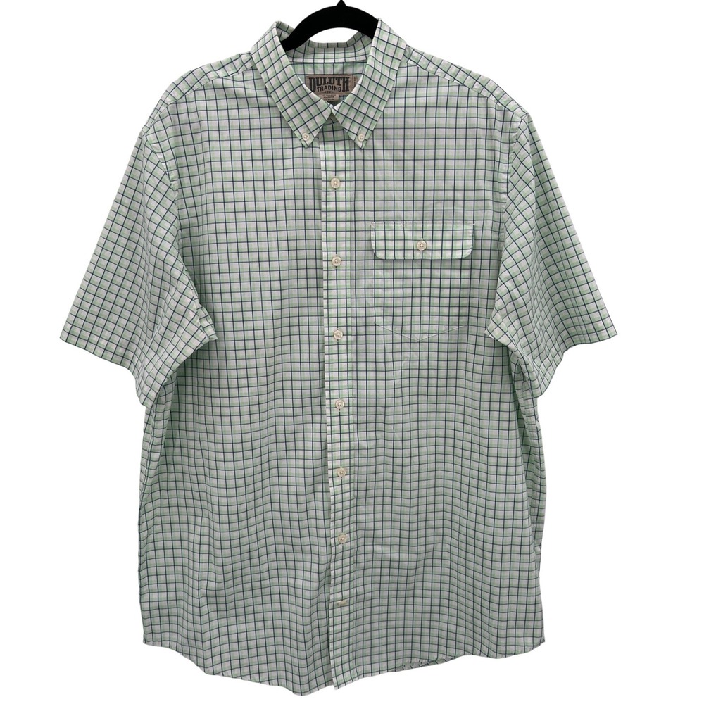 Duluth Trading Co Mens Large Tall Green Plaid Short Sleeve‎ Button Down Shirt
